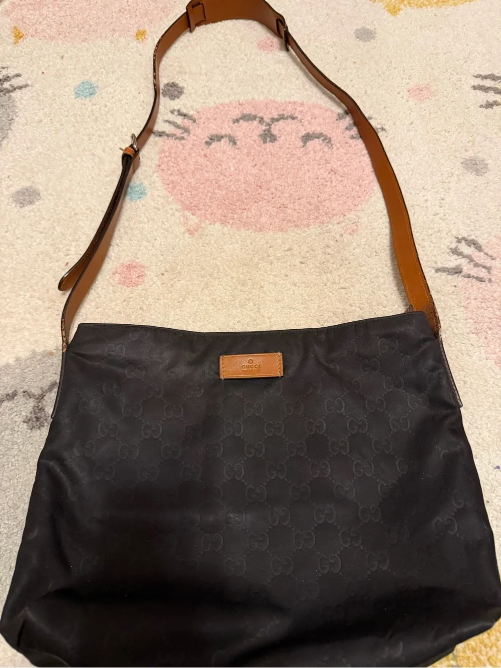 Gucci Black Monogram Messenger Bag with Brown Leather Strap